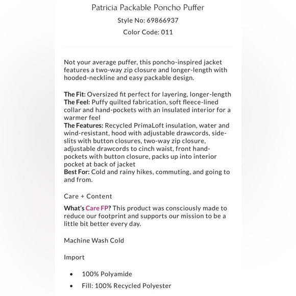 Free People Patricia Packable Poncho Puffer FP Movement NWT - Picture 12 of 14